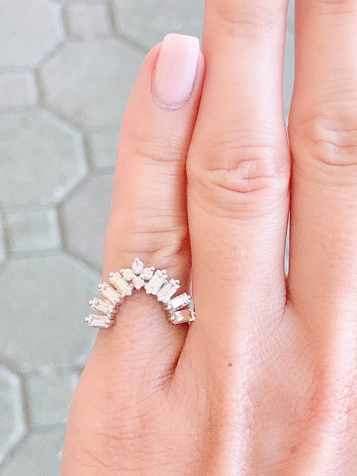White Sapphire Large Baguette Crown Ring 14K White Gold R5064 Aurora Designer