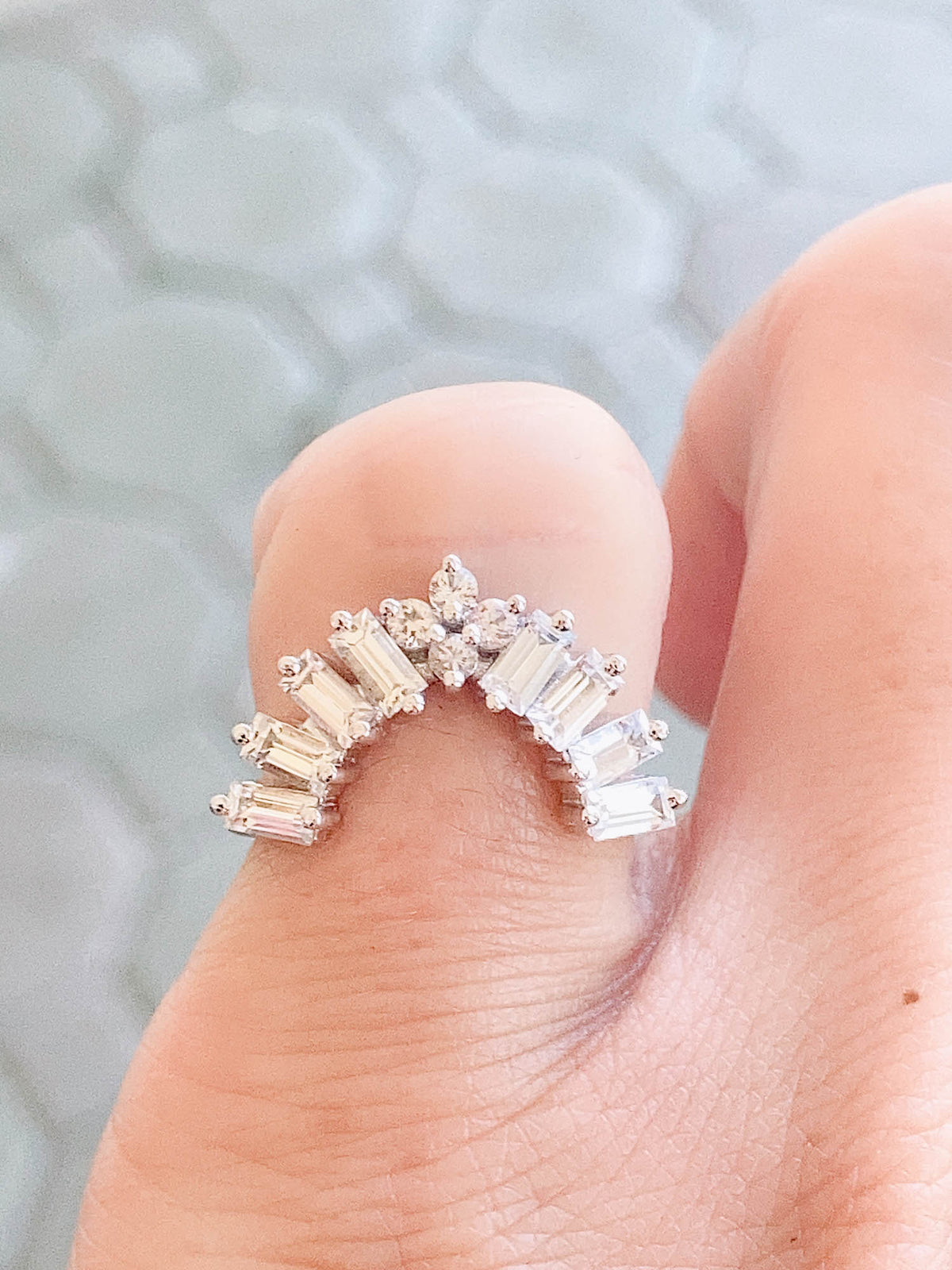 White Sapphire Large Baguette Crown Ring 14K White Gold R5064 Aurora Designer