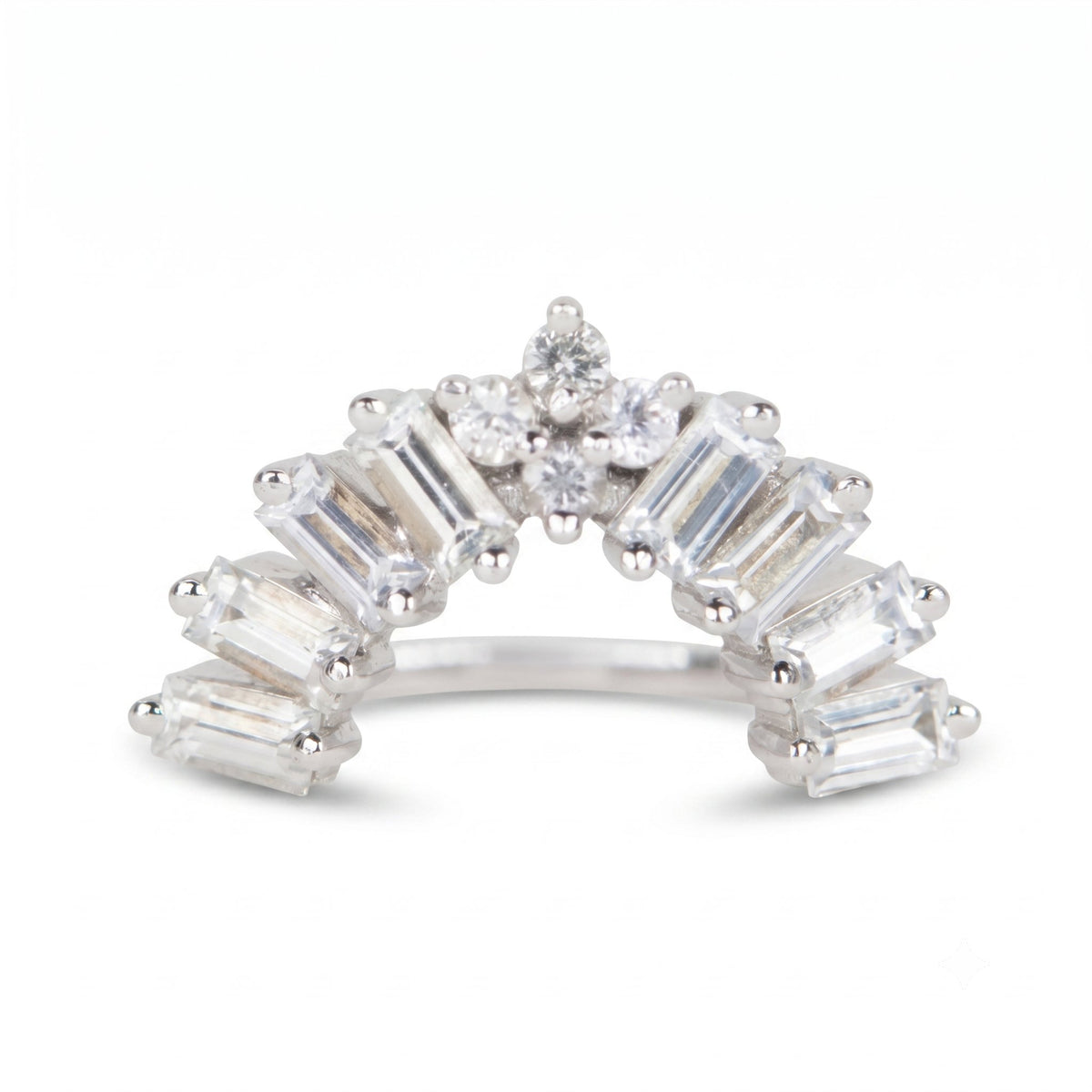 White Sapphire Large Baguette Crown Ring 14K White Gold R5064 Closeout