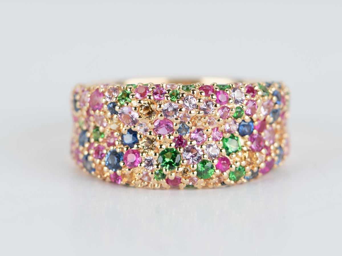 10mm Wide Mixed Bright Gemstone Pave Chunky Band 18K Gold ~8g R5074 Aurora Designer