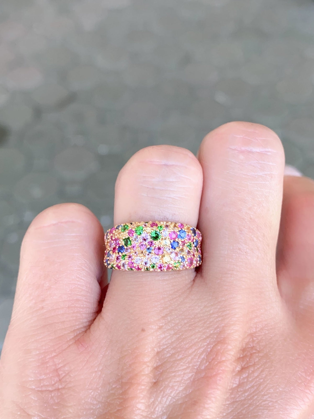 10mm Wide Mixed Bright Gemstone Pave Chunky Band 18K Gold ~8g R5074 Aurora Designer