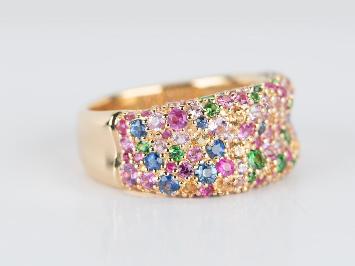 10mm Wide Mixed Bright Gemstone Pave Chunky Band 18K Gold ~8g R5074 Aurora Designer