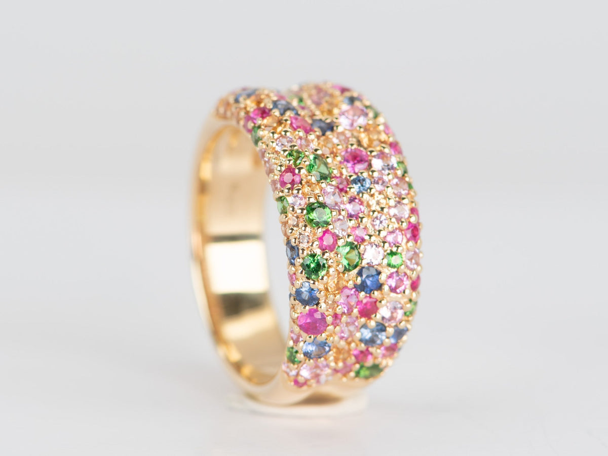 10mm Wide Mixed Bright Gemstone Pave Chunky Band 18K Gold ~8g R5074 Aurora Designer