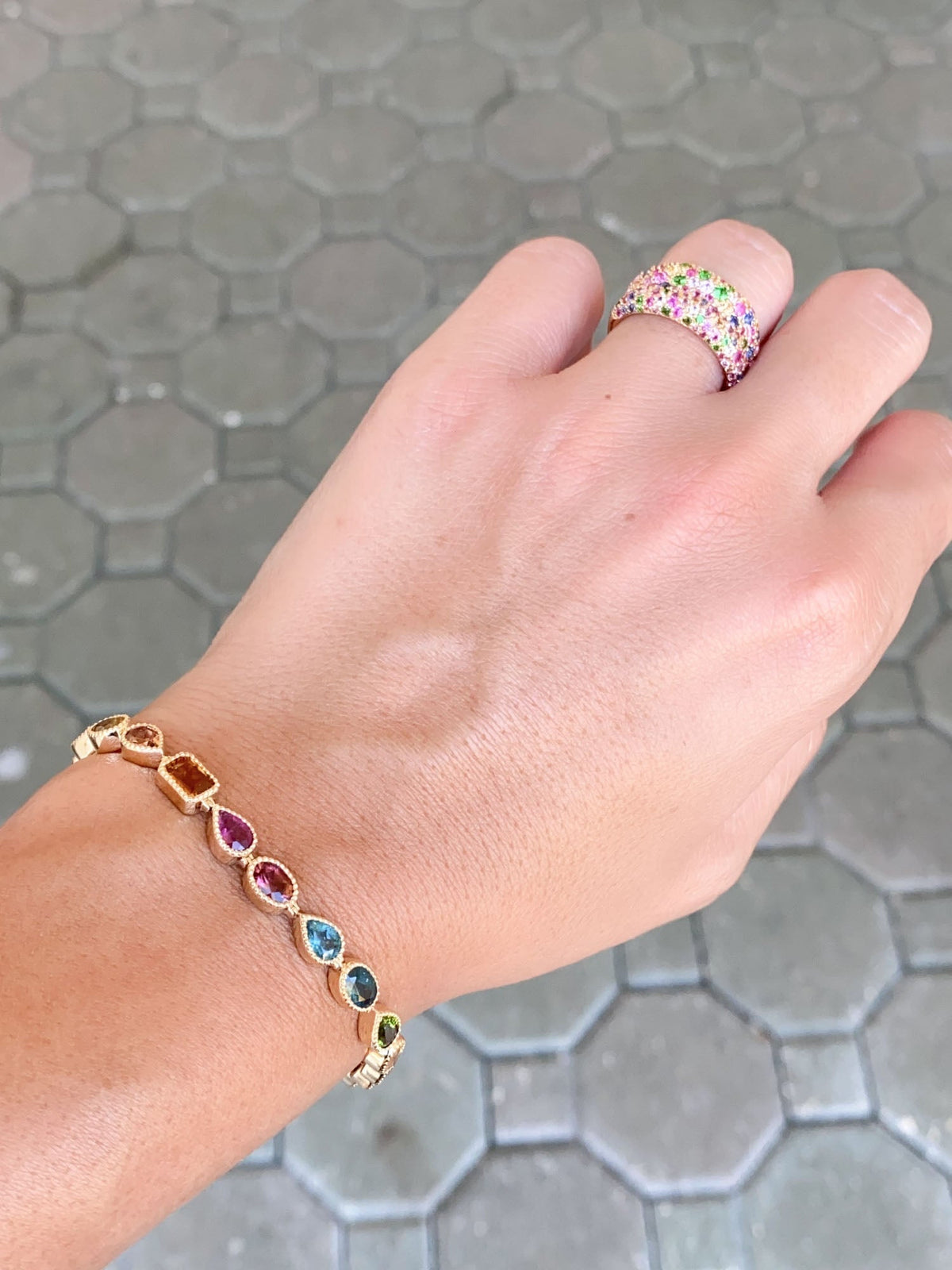 10mm Wide Mixed Bright Gemstone Pave Chunky Band 18K Gold ~8g R5074 Aurora Designer