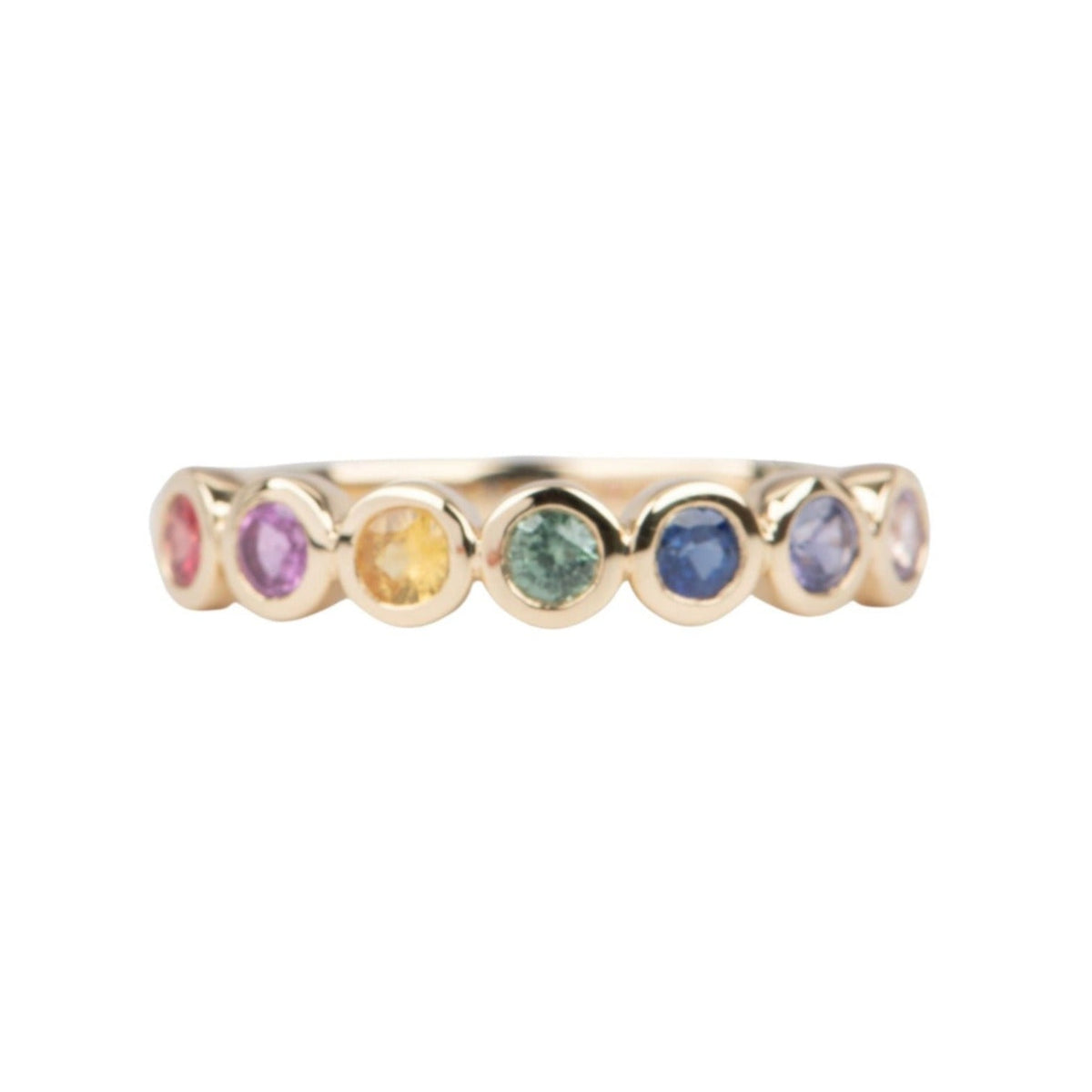 4mm Wide Rainbow Sapphire Bezel Set Wedding Band 14K Gold R5084 Aurora Designer