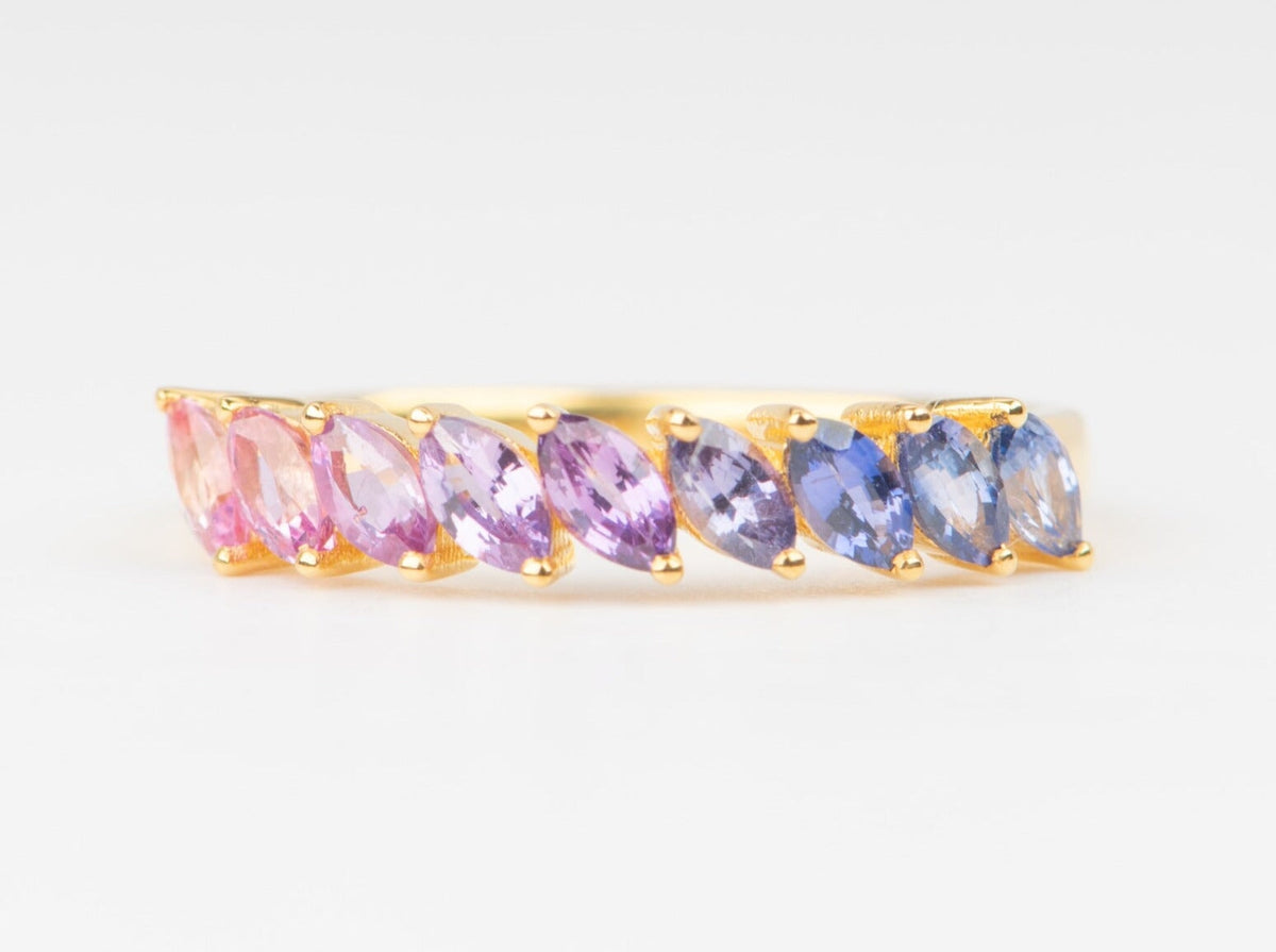 Pink to Lavender to Purple Ombre Sapphire Wedding Band 14K Gold R5090 Aurora Designer