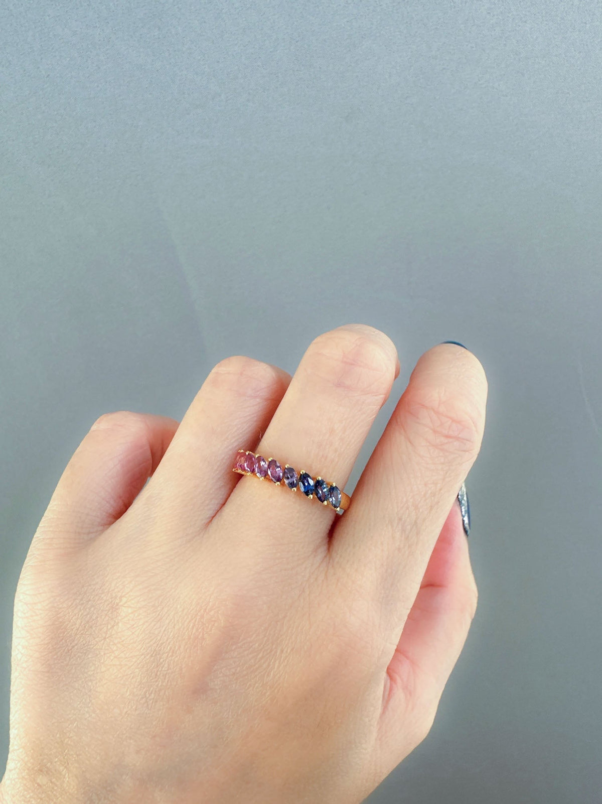 Pink to Lavender to Purple Ombre Sapphire Wedding Band 14K Gold R5090 Aurora Designer