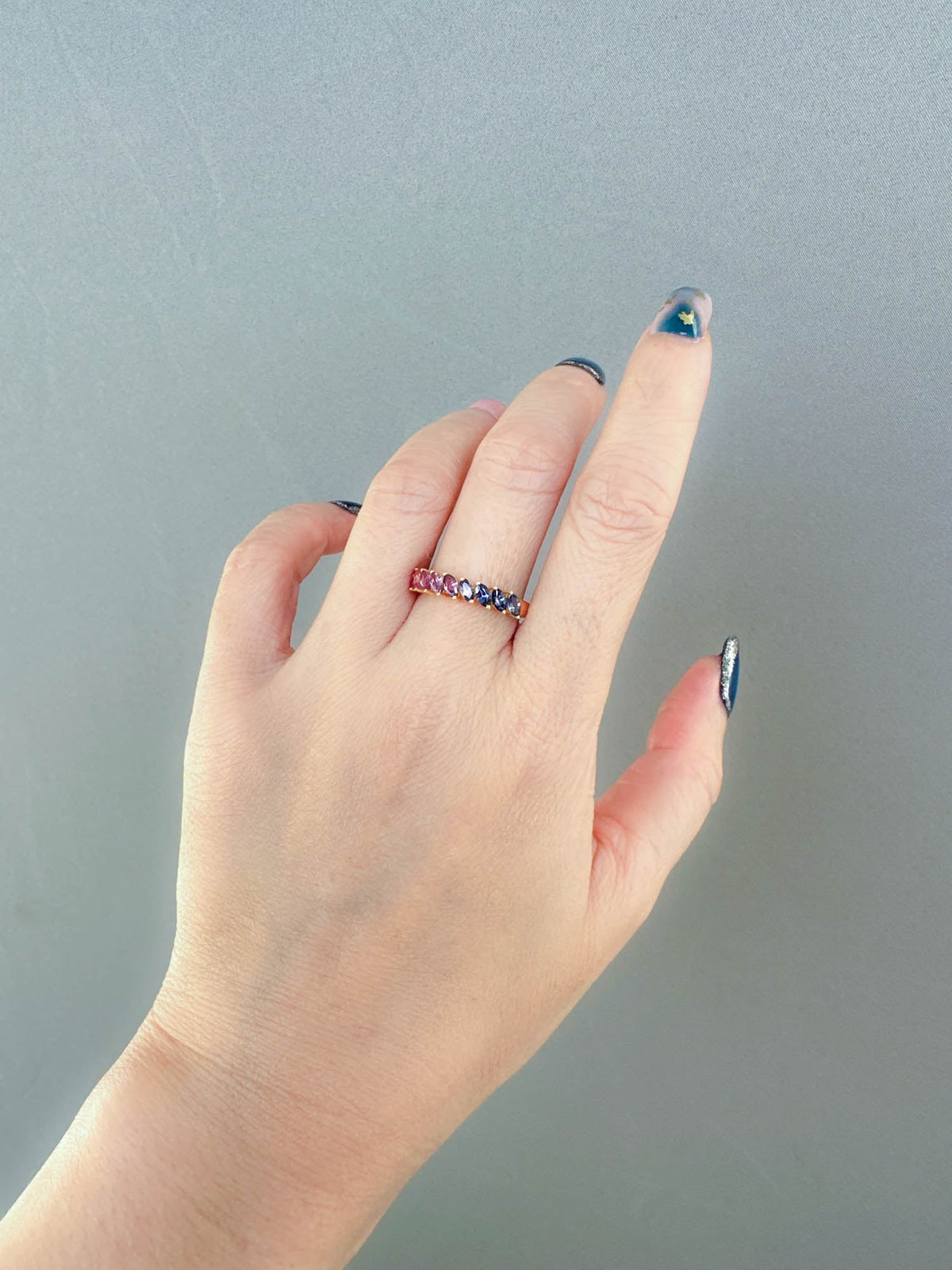 Pink to Lavender to Purple Ombre Sapphire Wedding Band 14K Gold R5090 Aurora Designer