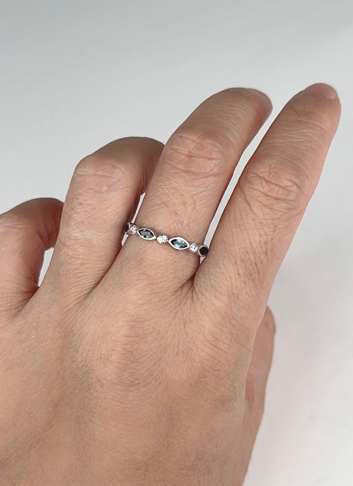 Alternating Montana Sapphire and Diamond Milgrain Bezel Set Wedding Band 14K Gold R5091 Aurora Designer