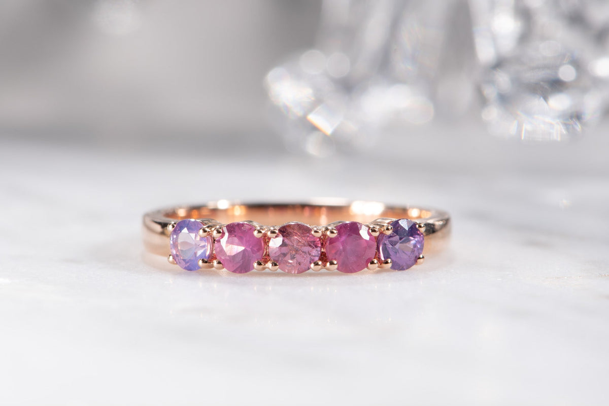 Mixed Blue Purple Pink Sapphire Ombre Color Wedding Band 14K Gold R5094 Aurora Designer