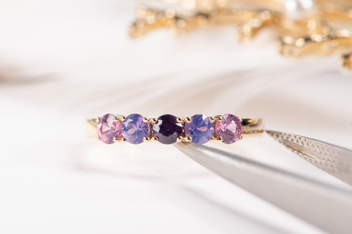 Mixed Blue Purple Pink Sapphire Ombre Color Wedding Band 14K Gold R5094 Aurora Designer