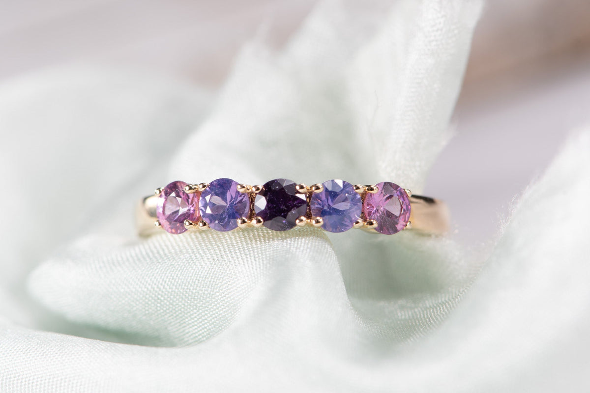 Mixed Blue Purple Pink Sapphire Ombre Color Wedding Band 14K Gold R5094 Aurora Designer