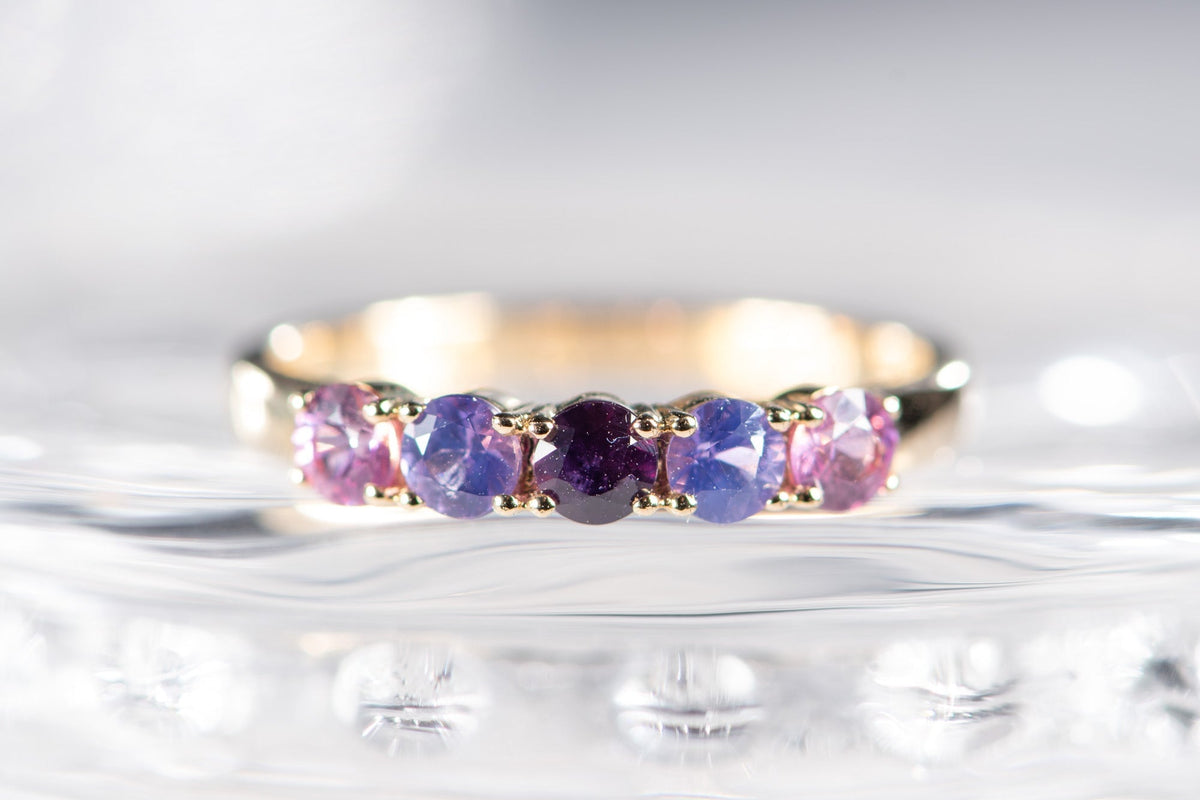Mixed Blue Purple Pink Sapphire Ombre Color Wedding Band 14K Gold R5094 Aurora Designer