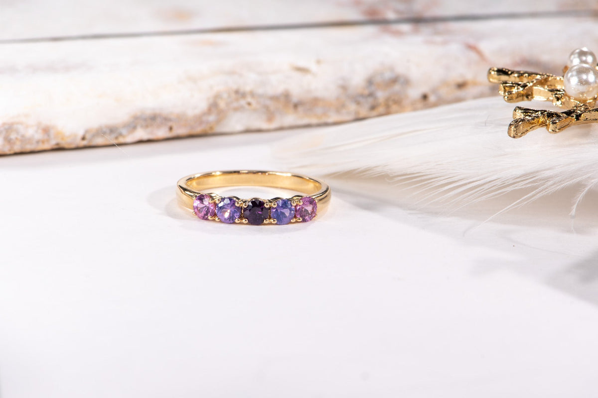 Mixed Blue Purple Pink Sapphire Ombre Color Wedding Band 14K Gold R5094 Aurora Designer