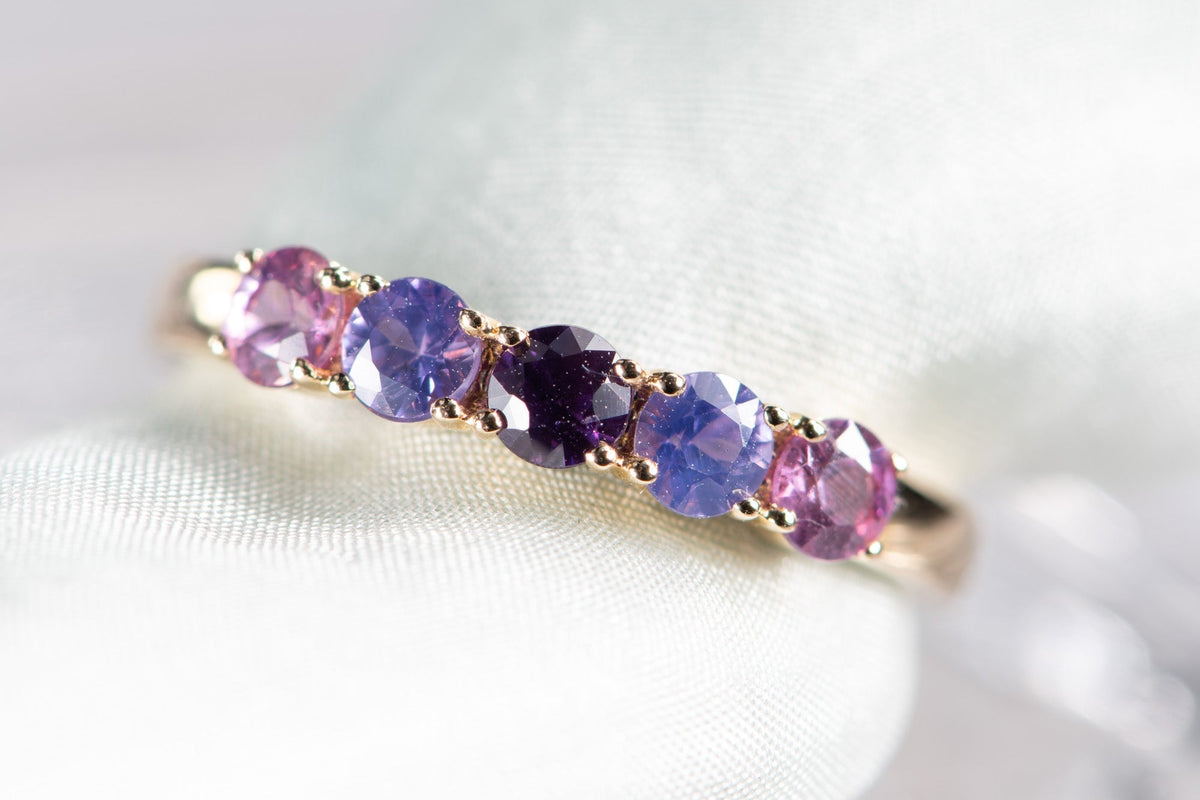 Mixed Blue Purple Pink Sapphire Ombre Color Wedding Band 14K Gold R5094 Aurora Designer