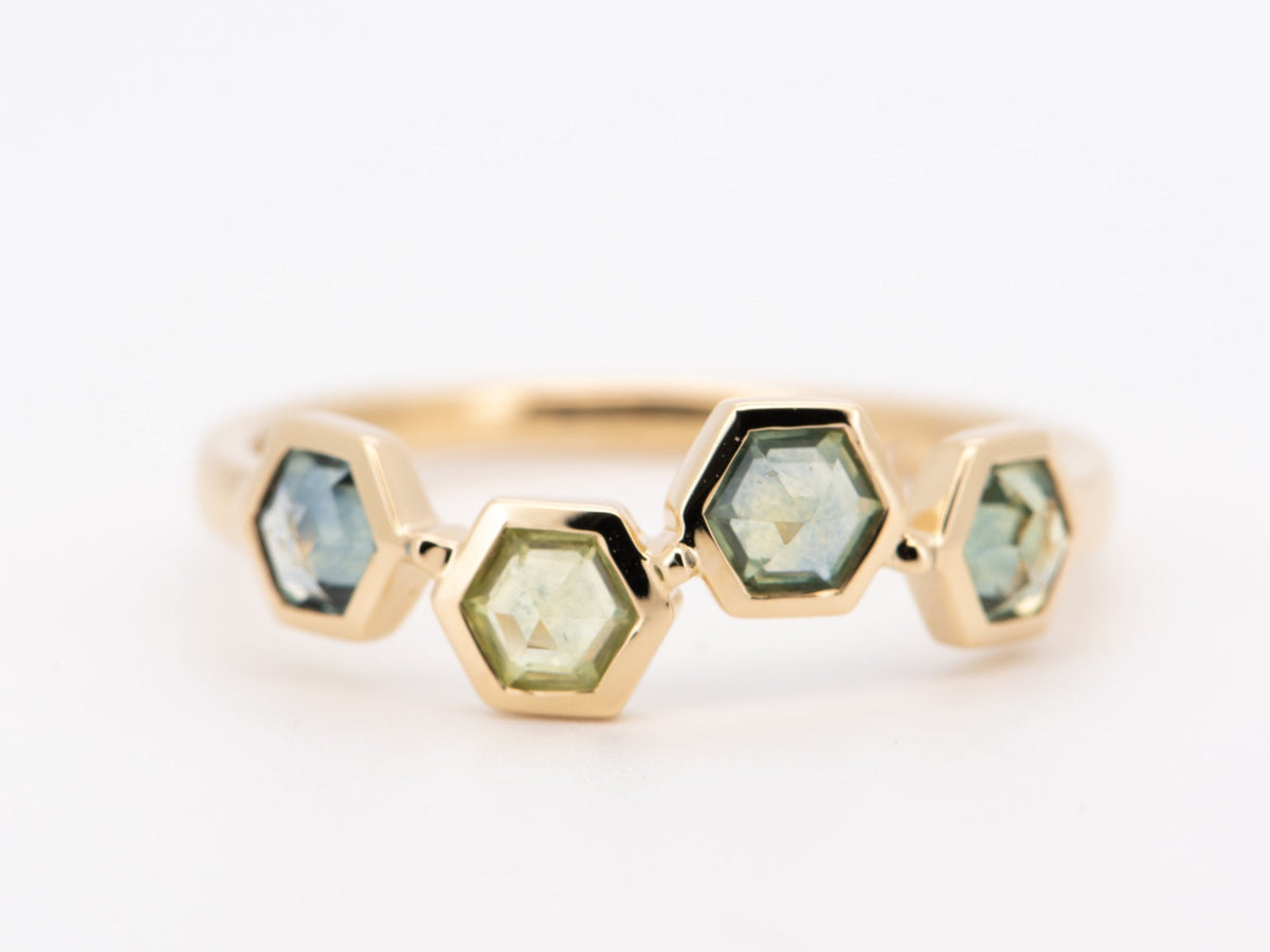 Inverted Set Hexagon Montana Sapphire Asymmetrical Bezel Set 14K Gold Wedding Band Stacking Rings Unique OOAK Teal Blue Green Mermaid R5102 Aurora Designer