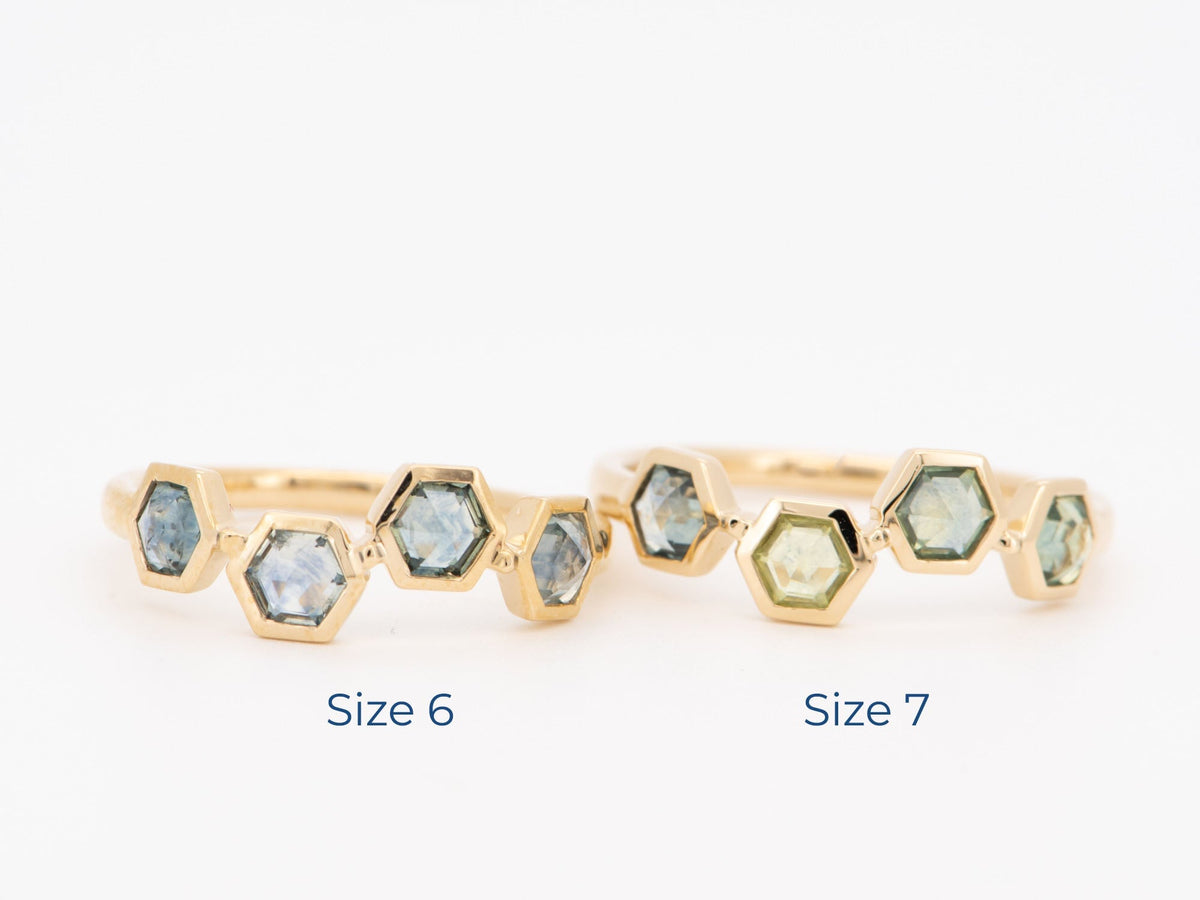 Inverted Set Hexagon Montana Sapphire Asymmetrical Bezel Set 14K Gold Wedding Band Stacking Rings Unique OOAK Teal Blue Green Mermaid R5102 Aurora Designer