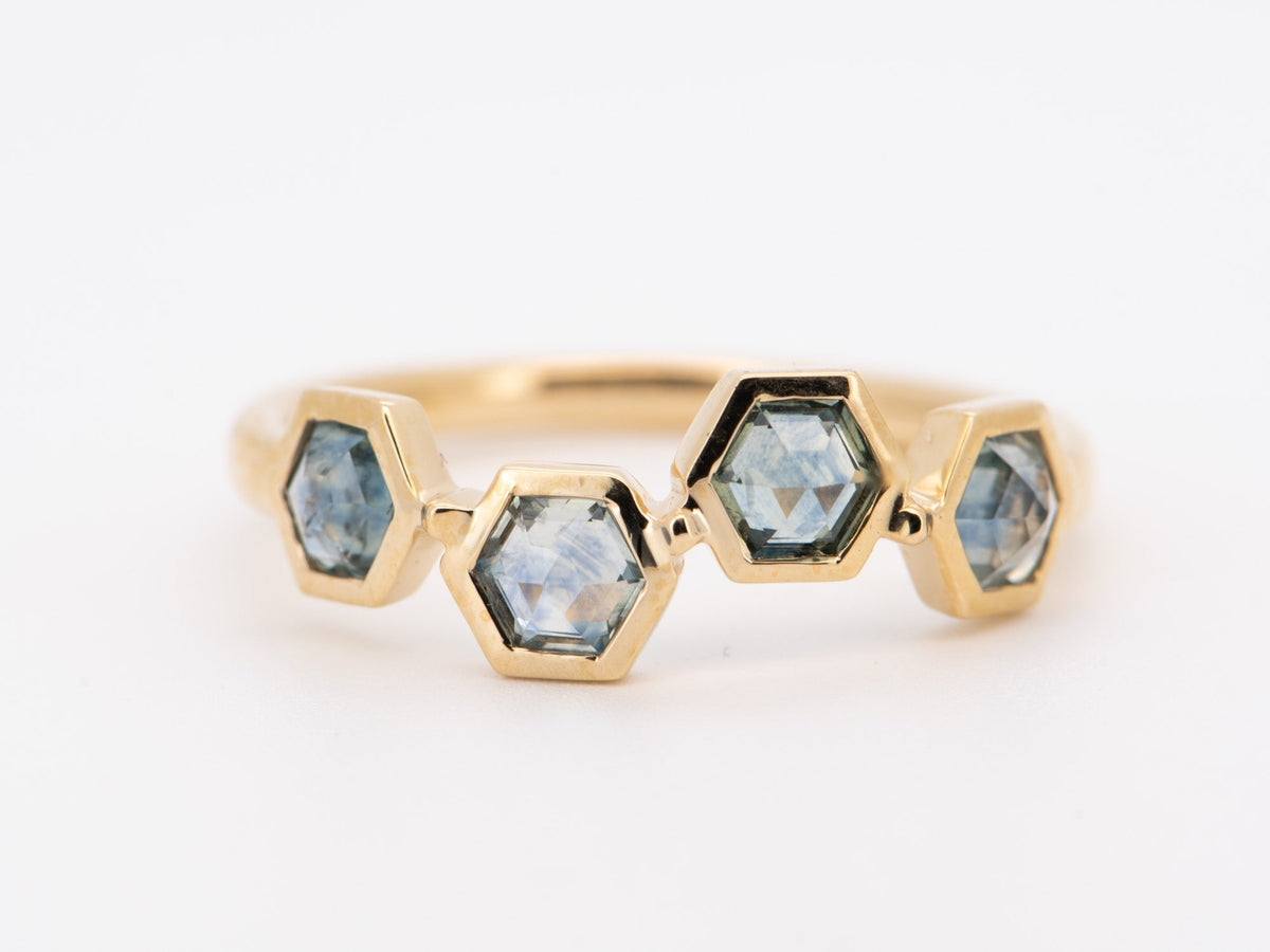 Inverted Set Hexagon Montana Sapphire Asymmetrical Bezel Set 14K Gold Wedding Band Stacking Rings Unique OOAK Teal Blue Green Mermaid R5102 Aurora Designer