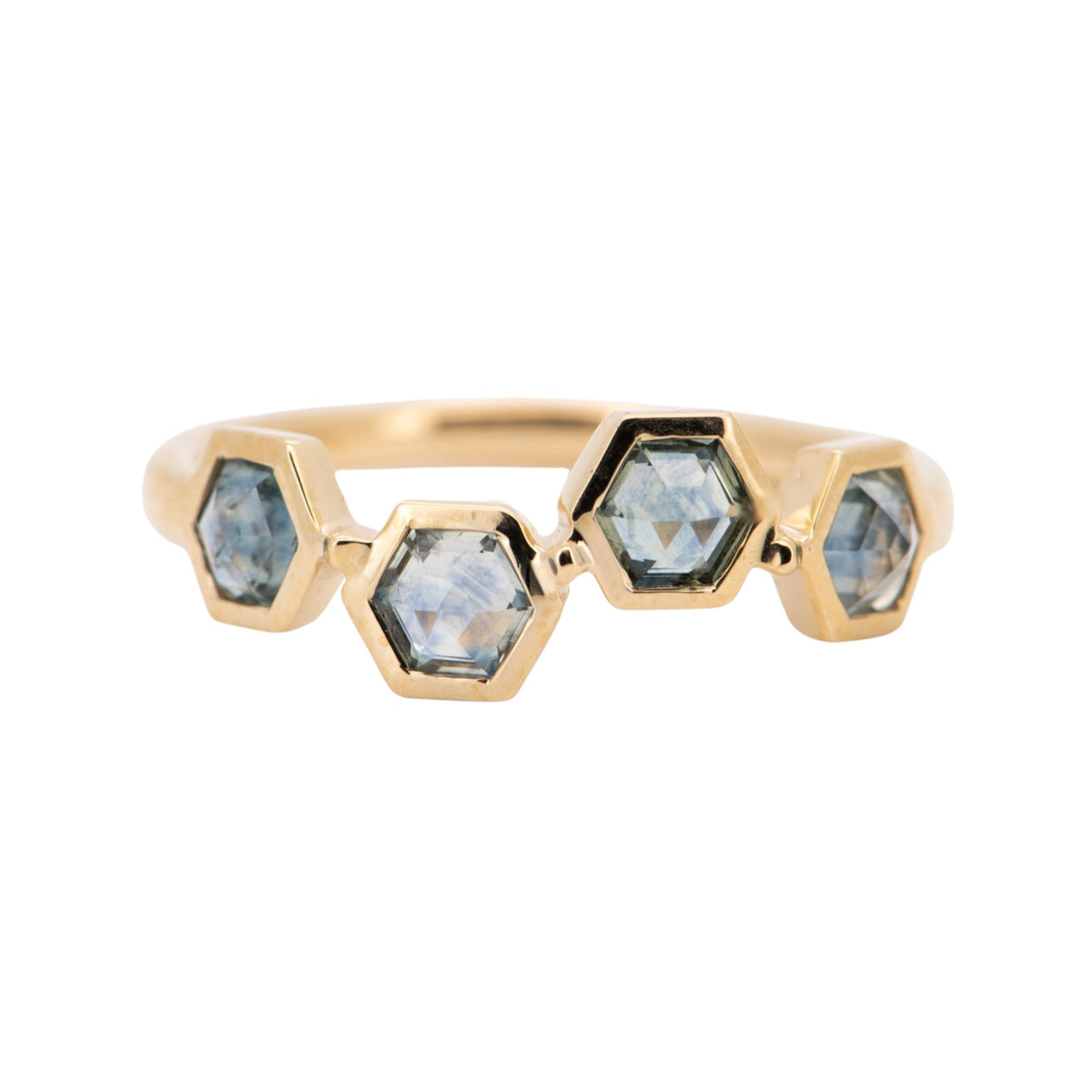 Inverted Set Hexagon Montana Sapphire Asymmetrical Bezel Set 14K Gold Wedding Band Stacking Rings Unique OOAK Teal Blue Green Mermaid R5102 Aurora Designer