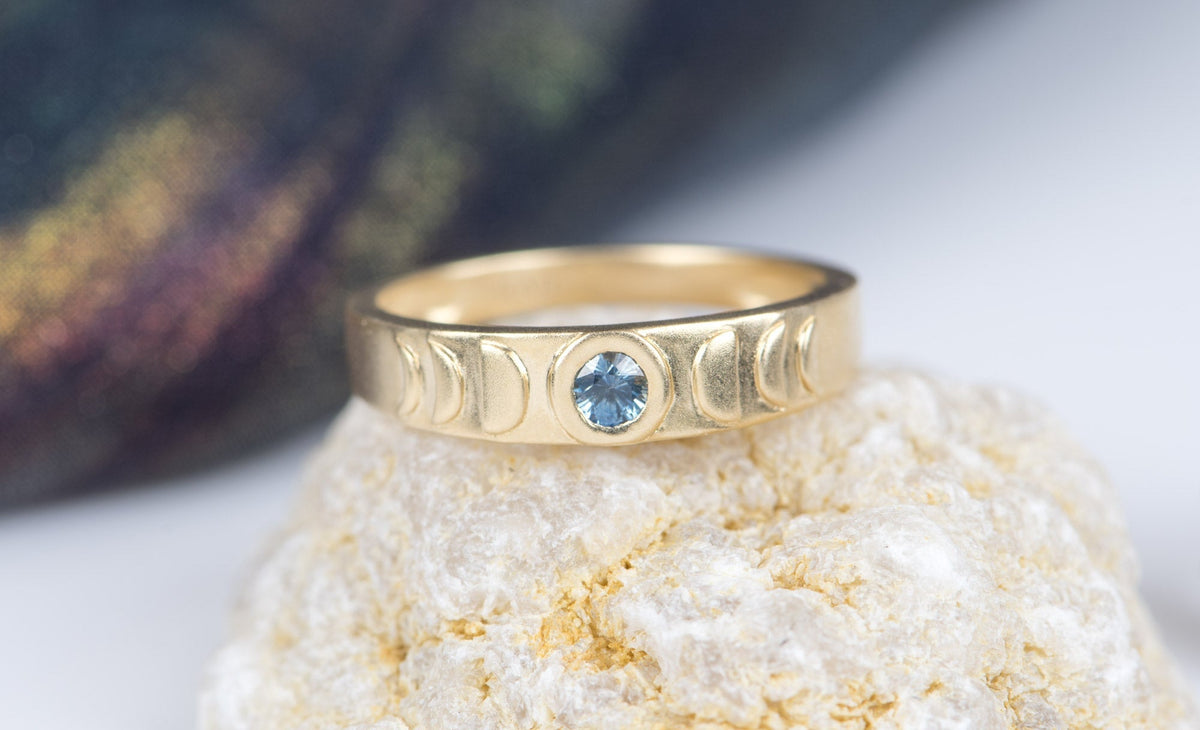 Montana Sapphire Crescent Moon Bezel Set Ring 14K Gold M5063 Aurora Designer
