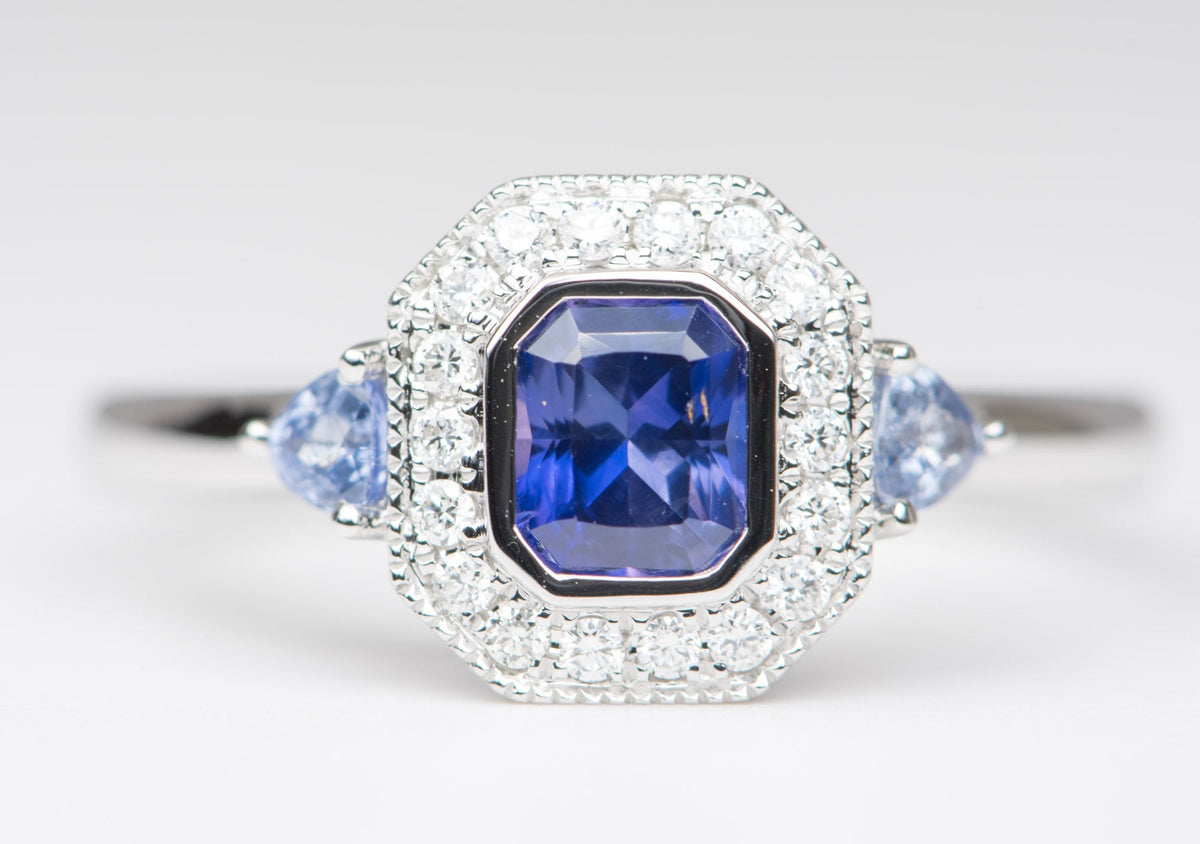 Intense Purple Blue Sapphire Diamond Halo 14K White Gold Engagement Ring R6199 Aurora Designer