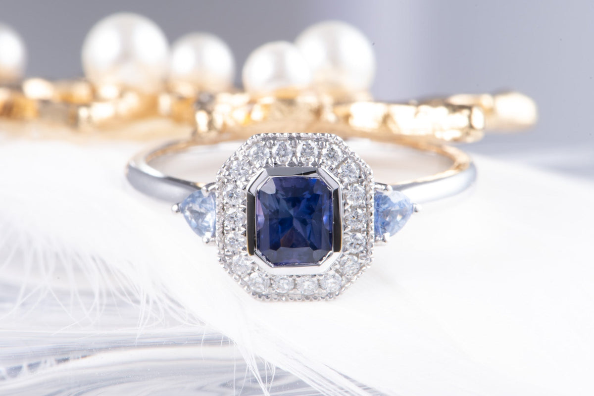 Intense Purple Blue Sapphire Diamond Halo 14K White Gold Engagement Ring R6199 Aurora Designer