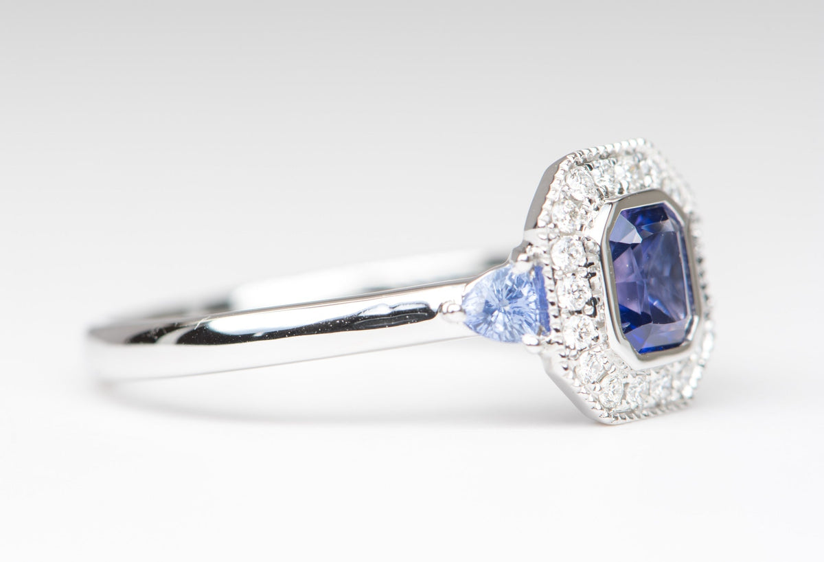 Intense Purple Blue Sapphire Diamond Halo 14K White Gold Engagement Ring R6199 Aurora Designer