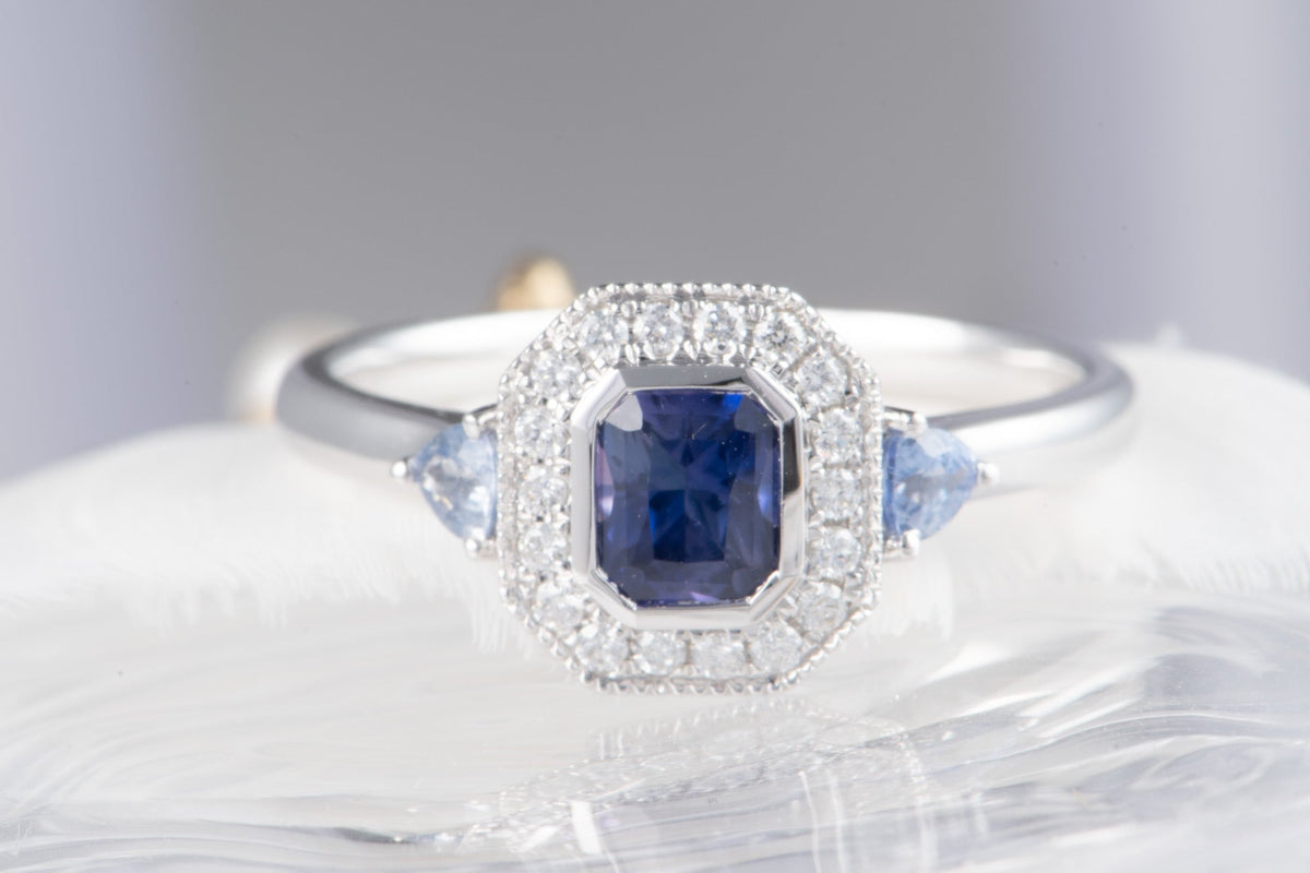 Intense Purple Blue Sapphire Diamond Halo 14K White Gold Engagement Ring R6199 Aurora Designer