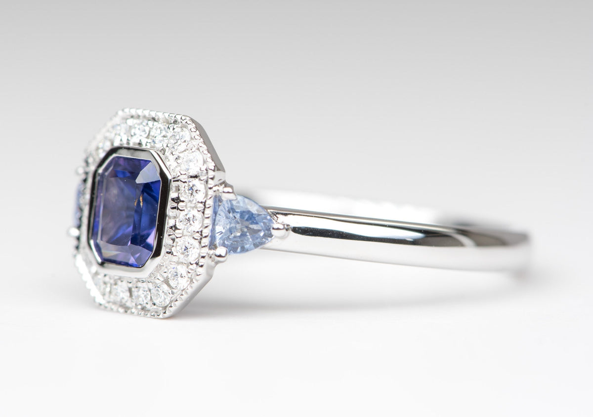 Intense Purple Blue Sapphire Diamond Halo 14K White Gold Engagement Ring R6199 Aurora Designer