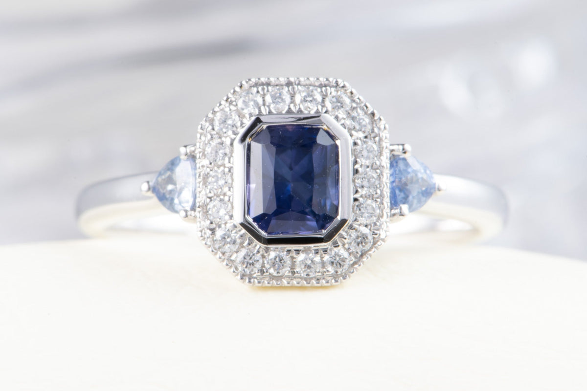 Intense Purple Blue Sapphire Diamond Halo 14K White Gold Engagement Ring R6199 Aurora Designer