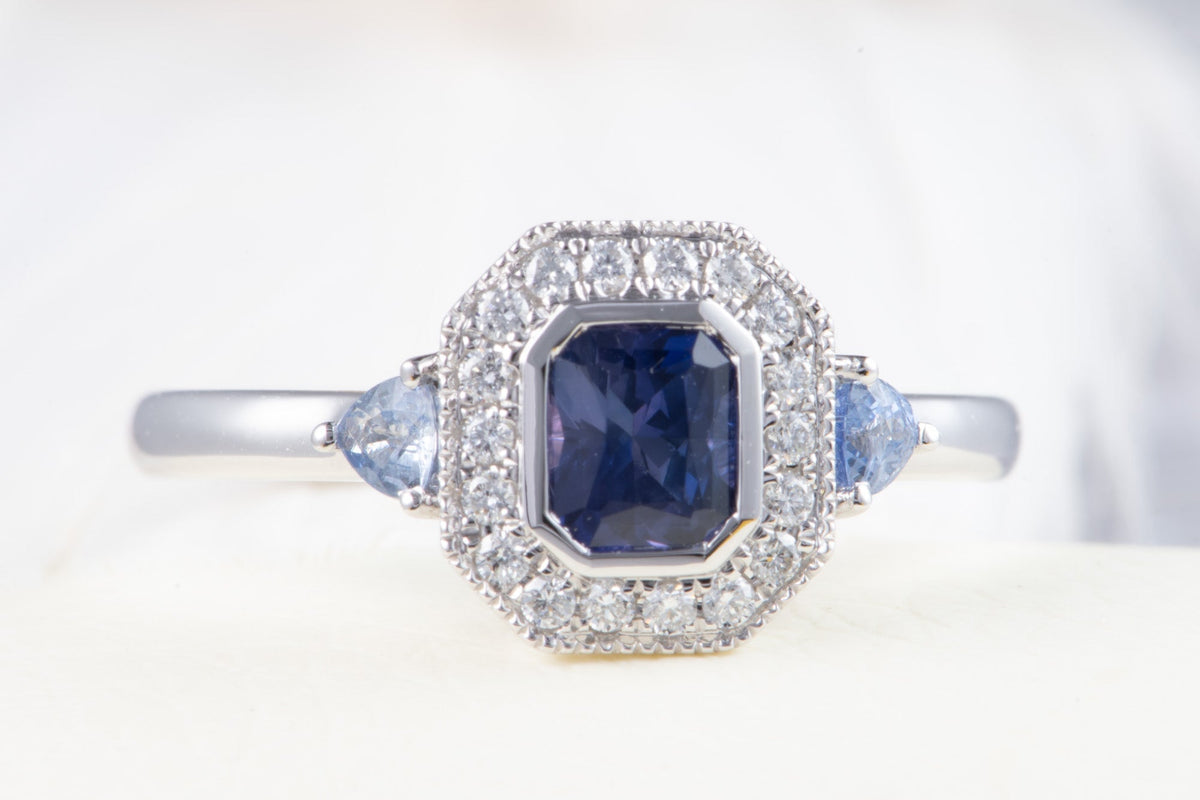 Intense Purple Blue Sapphire Diamond Halo 14K White Gold Engagement Ring R6199 Aurora Designer
