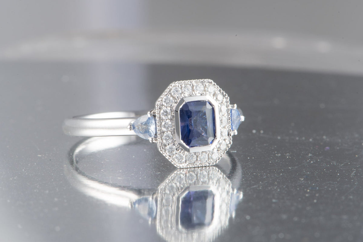 Intense Purple Blue Sapphire Diamond Halo 14K White Gold Engagement Ring R6199 Aurora Designer