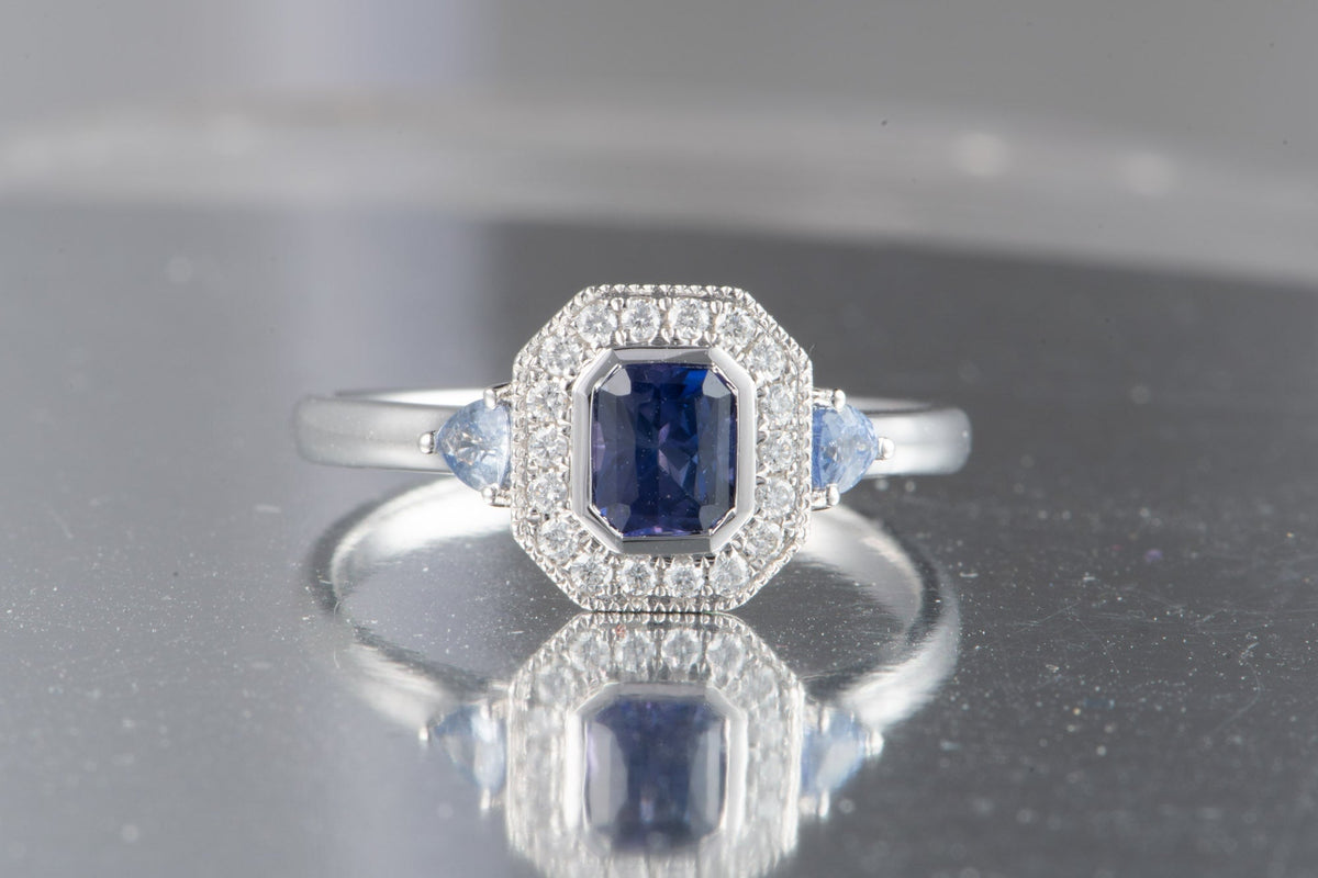 Intense Purple Blue Sapphire Diamond Halo 14K White Gold Engagement Ring R6199 Aurora Designer