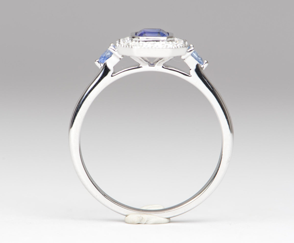 Intense Purple Blue Sapphire Diamond Halo 14K White Gold Engagement Ring R6199 Aurora Designer