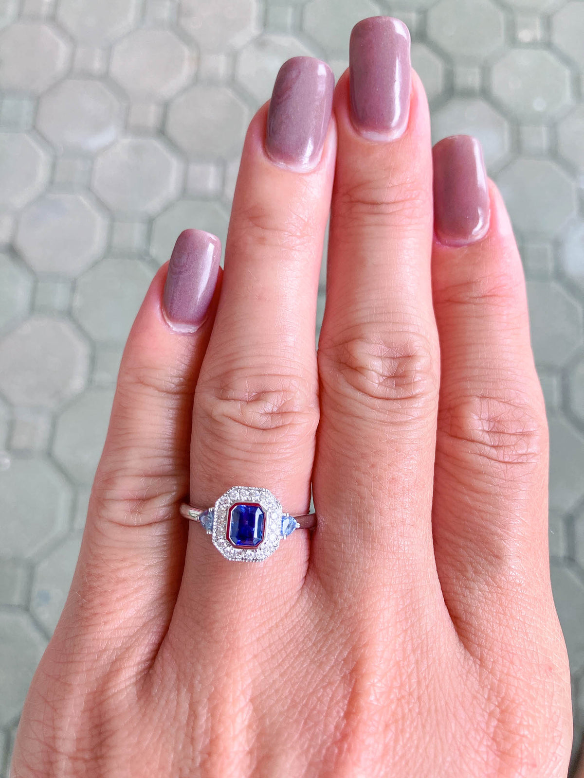 Intense Purple Blue Sapphire Diamond Halo 14K White Gold Engagement Ring R6199 Aurora Designer