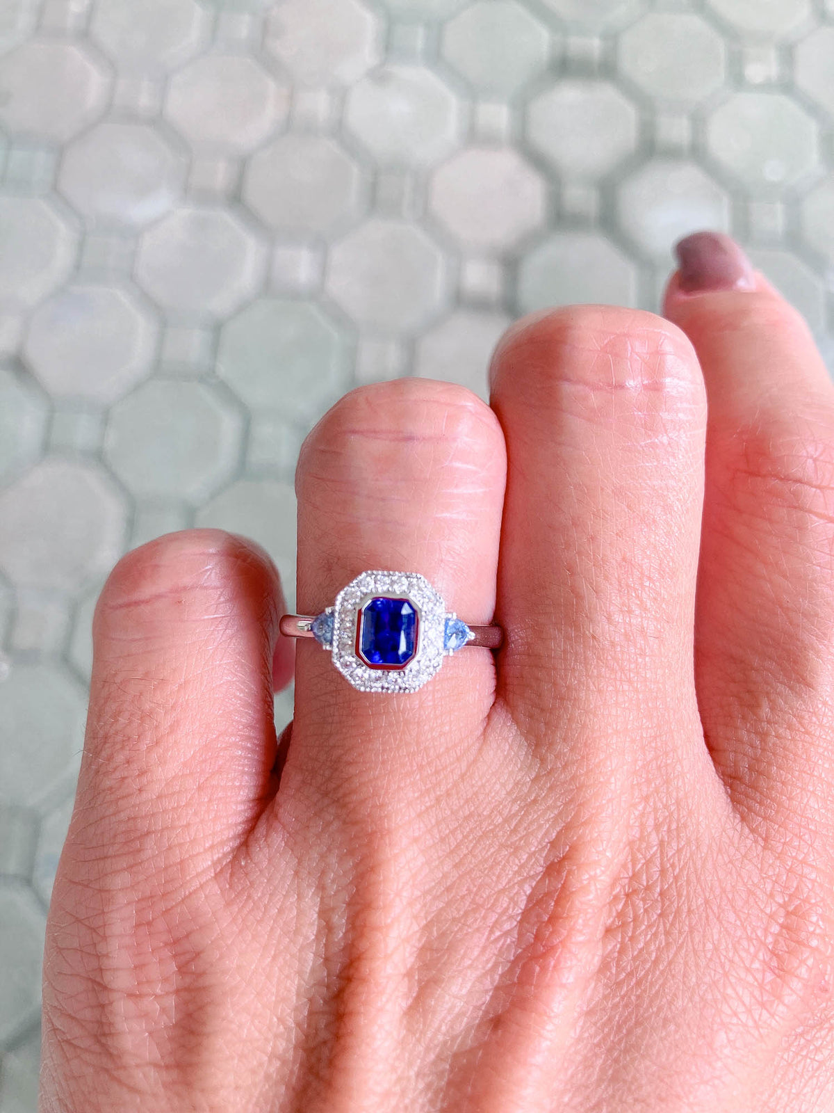 Intense Purple Blue Sapphire Diamond Halo 14K White Gold Engagement Ring R6199 Aurora Designer