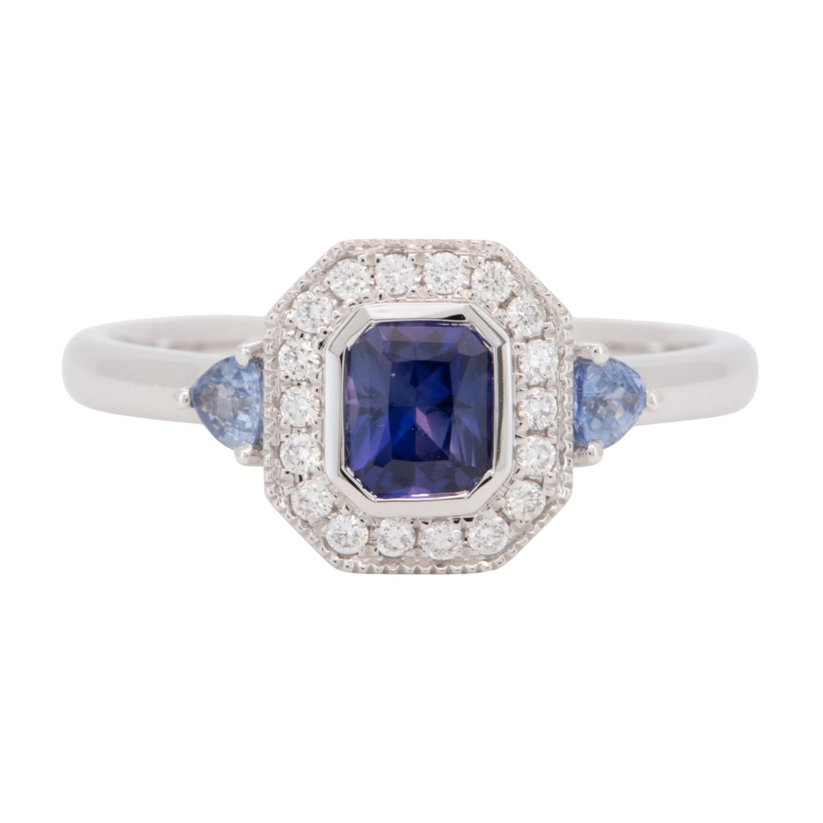 Intense Purple Blue Sapphire Diamond Halo 14K White Gold Engagement Ring R6199 Aurora Designer