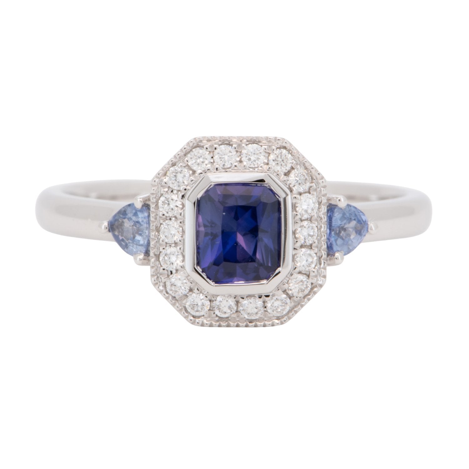 Intense Purple Blue Sapphire Diamond Halo 14K White Gold Engagement Ring R6199 Aurora Designer