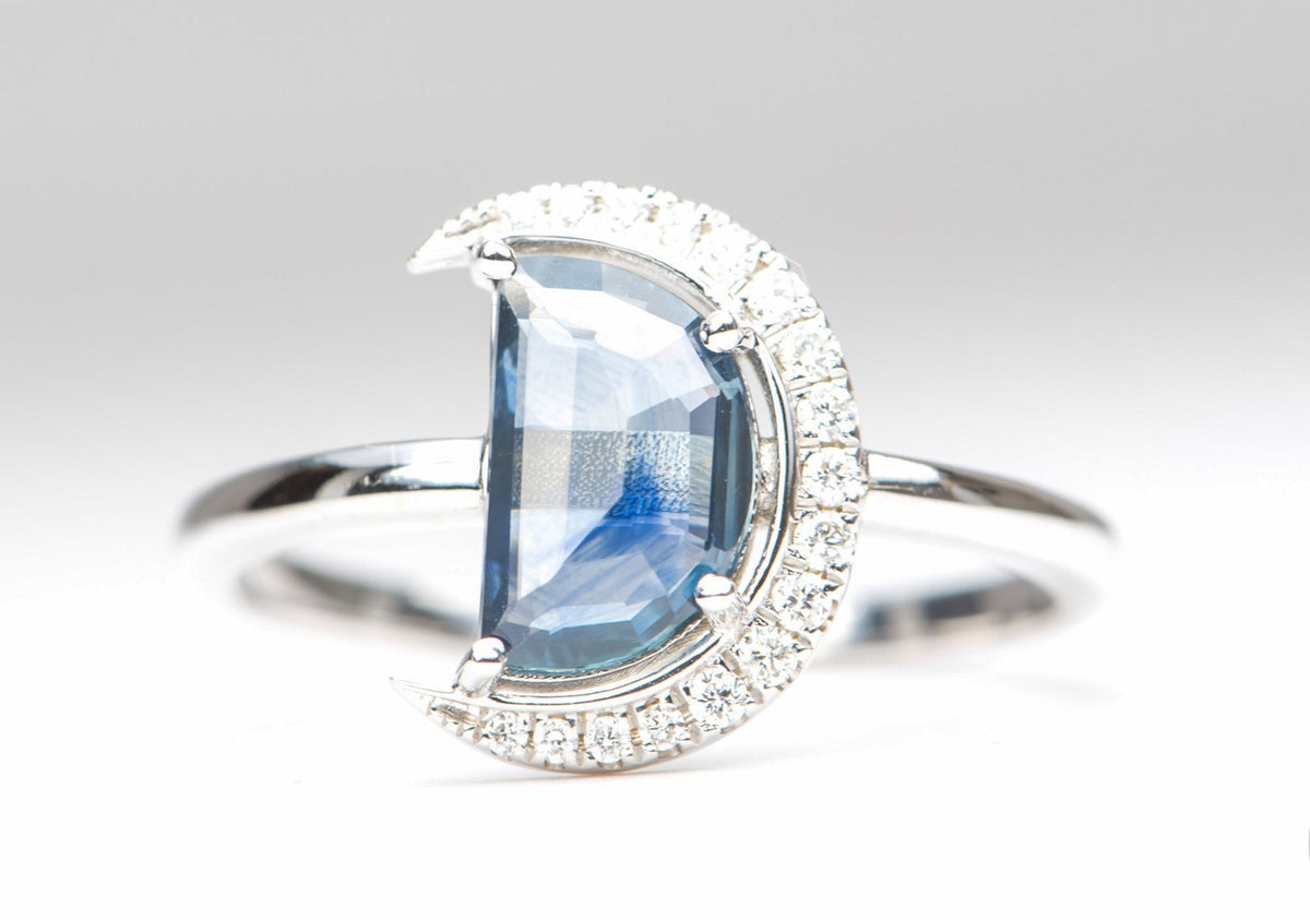 1.34ct Montana Sapphire Celestial Moon with Diamond Halo 14K White Gold Engagement Ring R6221 Aurora Designer