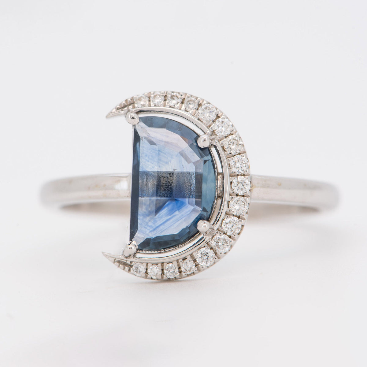 1.34ct Montana Sapphire Celestial Moon with Diamond Halo 14K White Gold Engagement Ring R6221