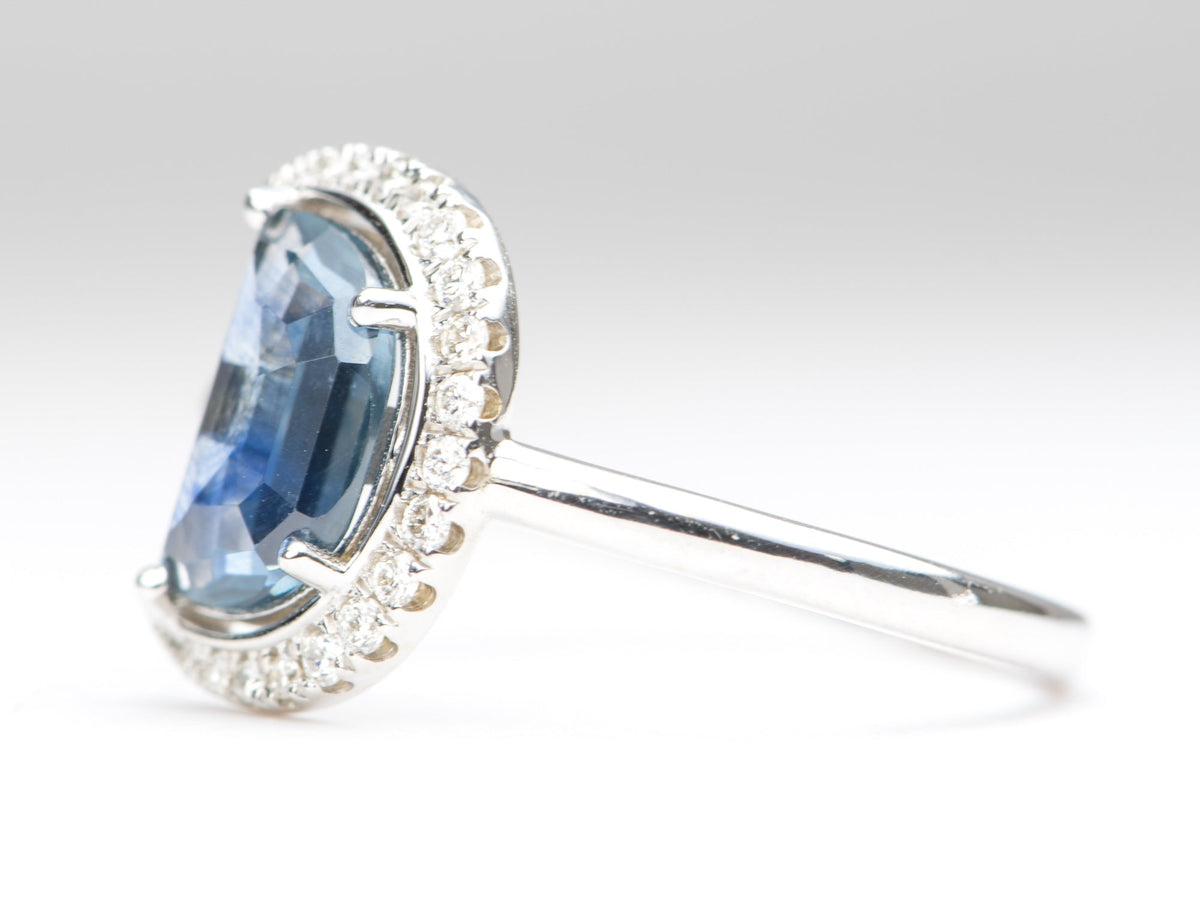1.34ct Montana Sapphire Celestial Moon with Diamond Halo 14K White Gold Engagement Ring R6221 Aurora Designer