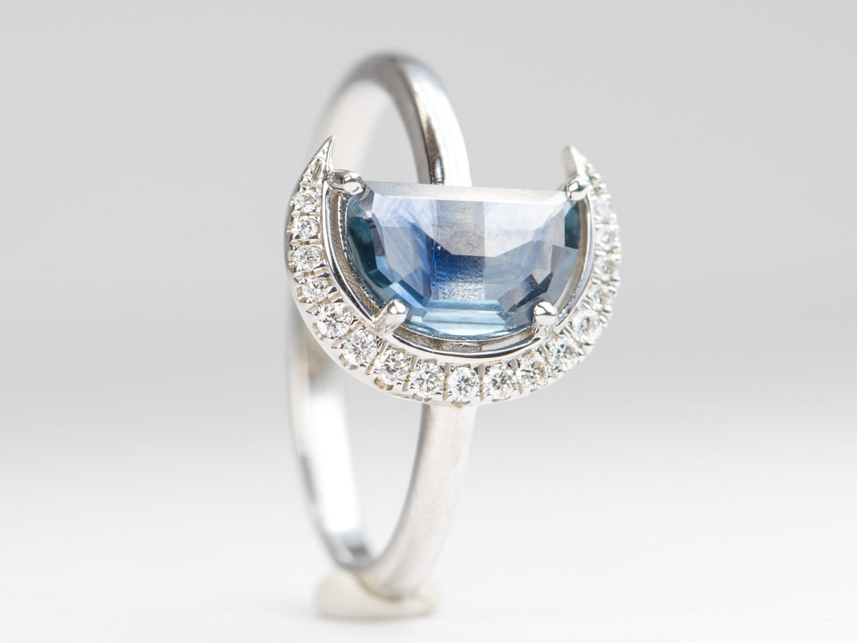 1.34ct Montana Sapphire Celestial Moon with Diamond Halo 14K White Gold Engagement Ring R6221 Aurora Designer