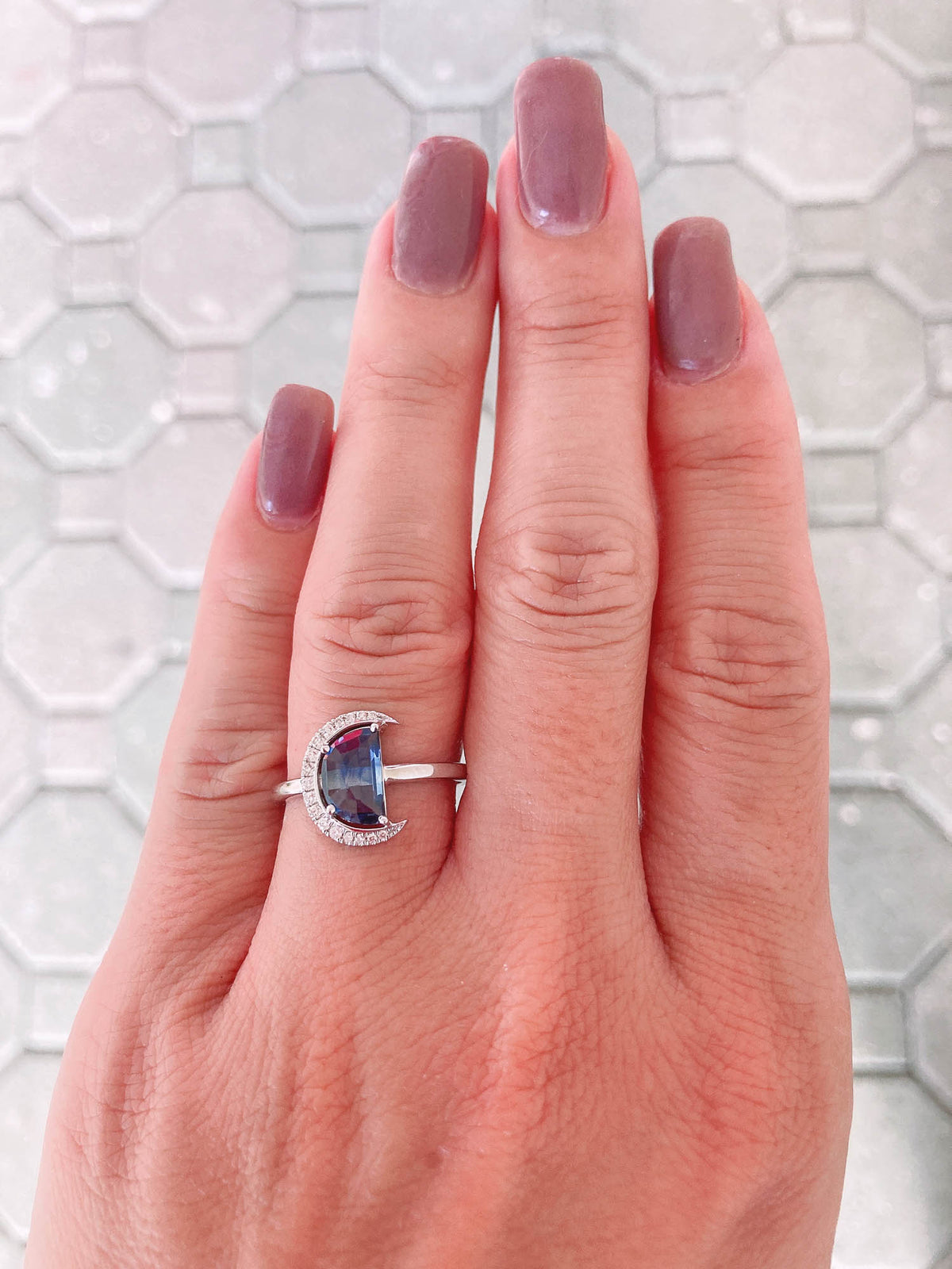 1.34ct Montana Sapphire Celestial Moon with Diamond Halo 14K White Gold Engagement Ring R6221 Aurora Designer
