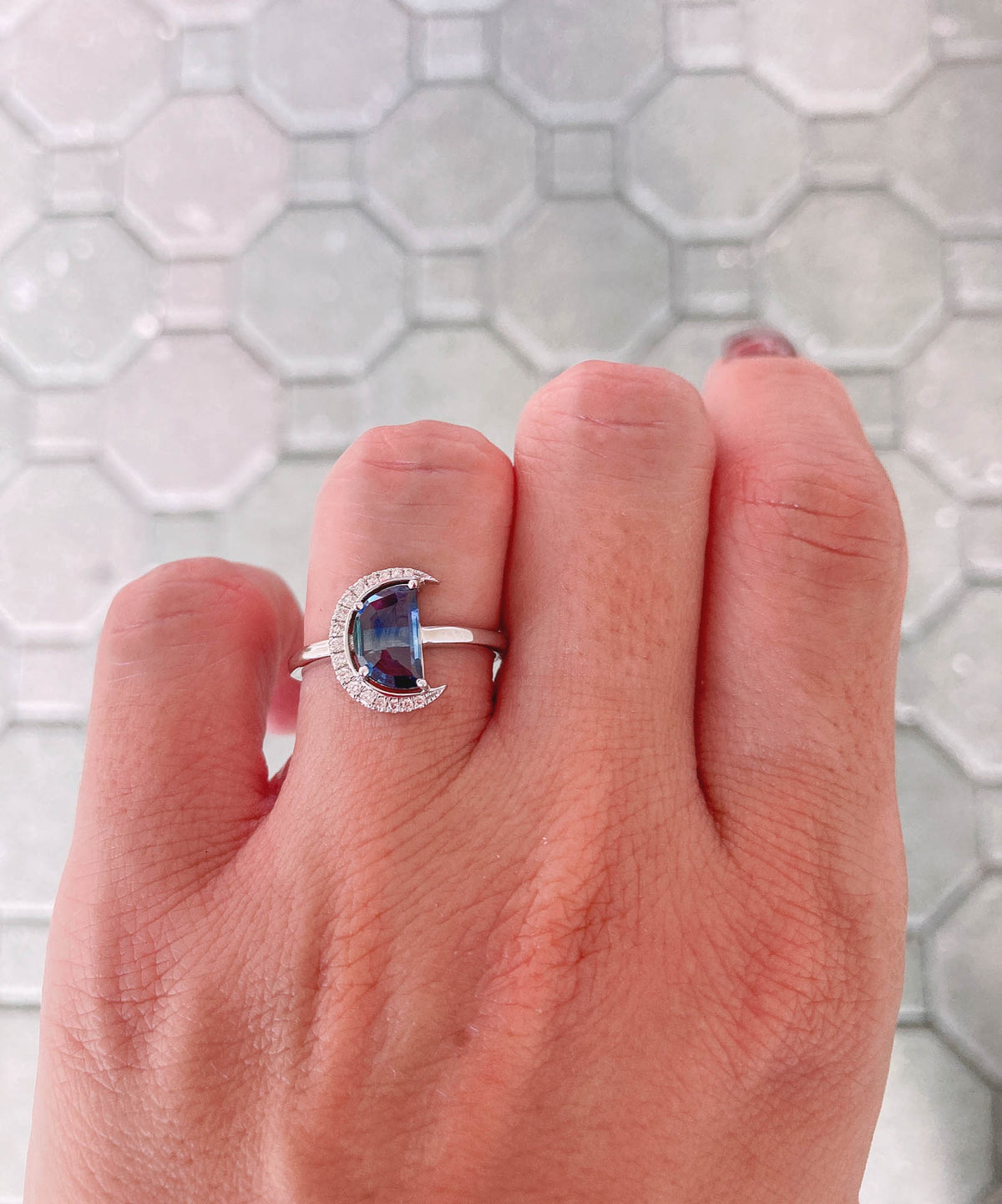 1.34ct Montana Sapphire Celestial Moon with Diamond Halo 14K White Gold Engagement Ring R6221 Aurora Designer