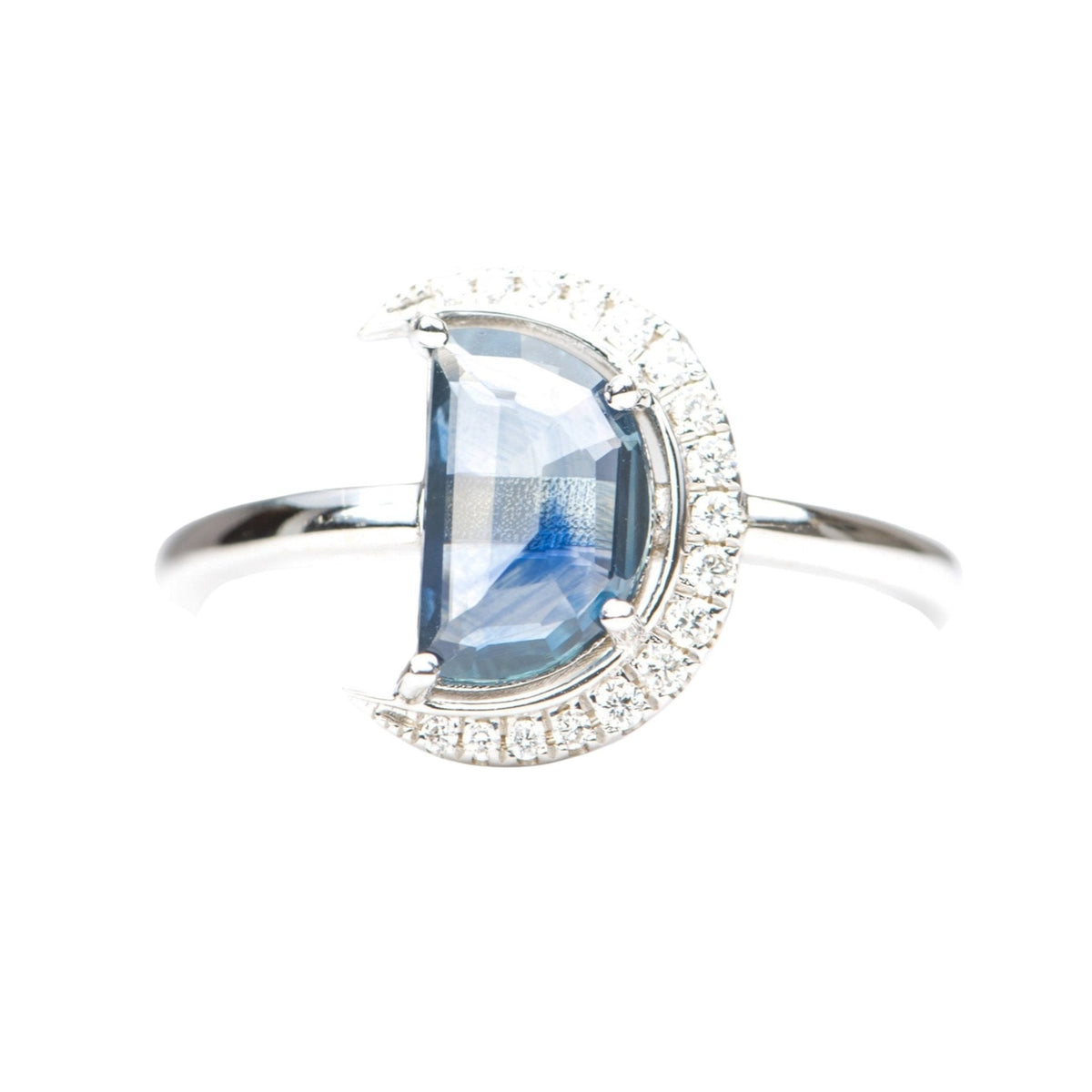 1.34ct Montana Sapphire Celestial Moon with Diamond Halo 14K White Gold Engagement Ring R6221 Aurora Designer