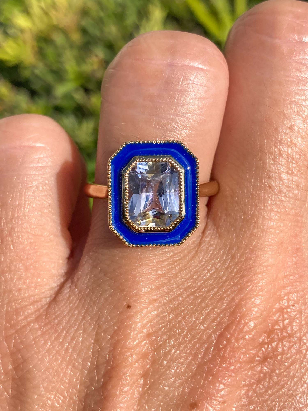 2.84ct Bi-Color Light Blue Sapphire with Enamel Halo 14K Yellow Gold Engagement Ring R6245 Aurora Designer