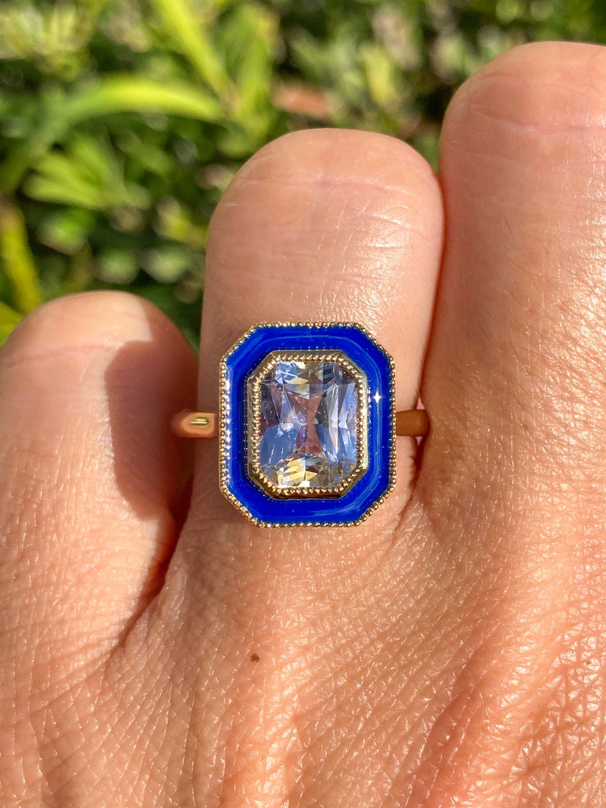 2.84ct Bi-Color Light Blue Sapphire with Enamel Halo 14K Yellow Gold Engagement Ring R6245 Aurora Designer