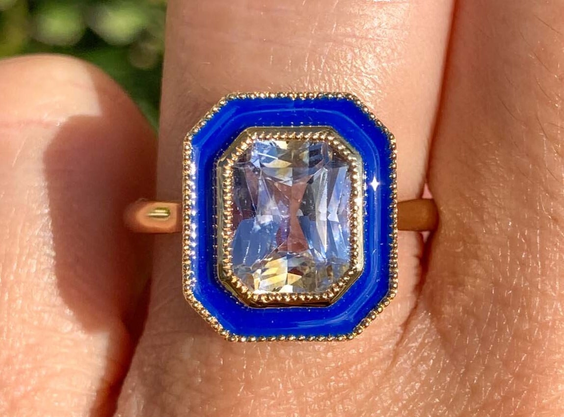 2.84ct Bi-Color Light Blue Sapphire with Enamel Halo 14K Yellow Gold Engagement Ring R6245 Aurora Designer