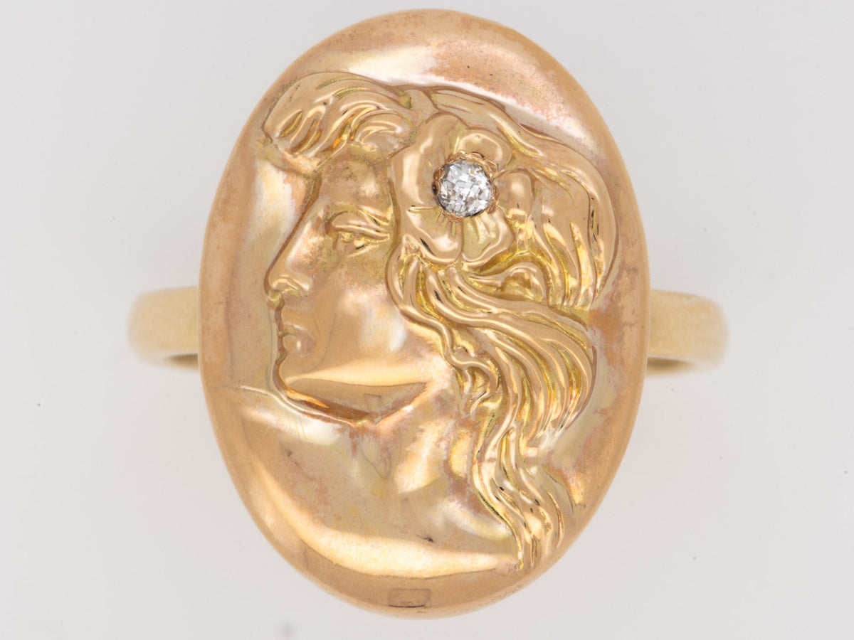 Victorian Art Nouveau Woman Face Diamond Repousse Ring 14K Yellow Gold R6281 Aurora Designer