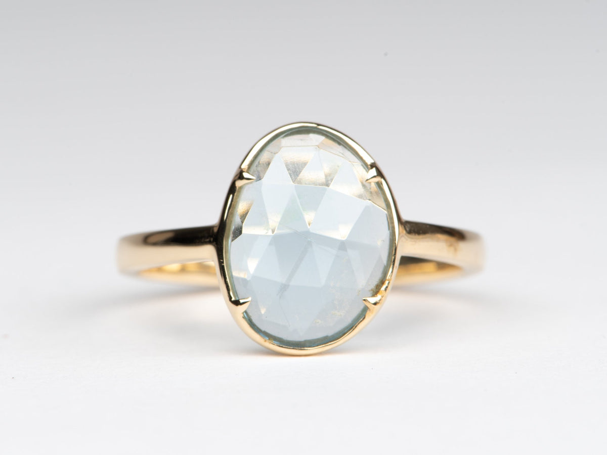 Rose Cut Moss Aquamarine Low Profile Stacking Ring 14K Gold R6322 Aurora Designer